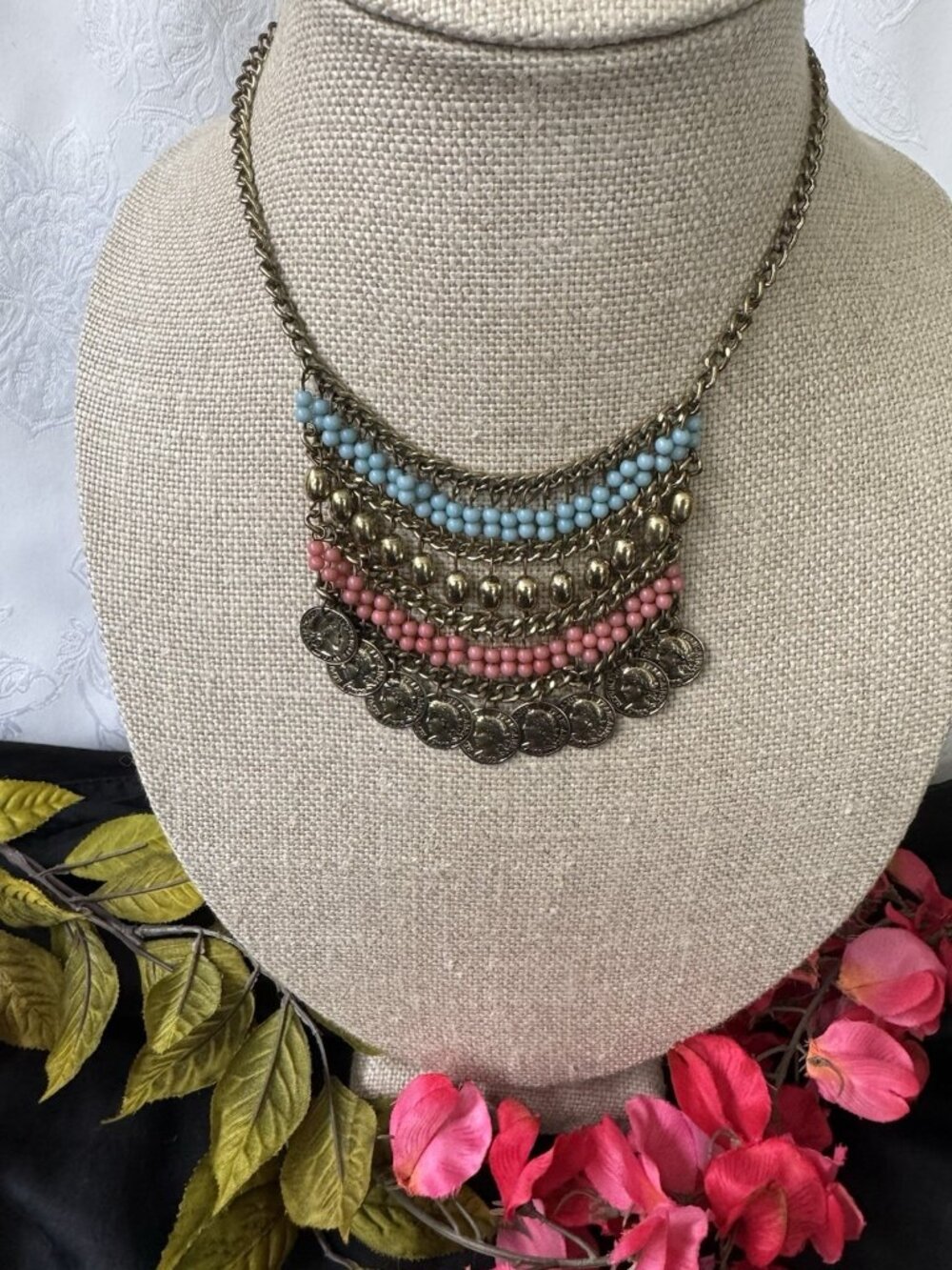 Unbranded Goldtone 18" Chain Seed Bead Beaded Coin Statement Necklace Boho NEW